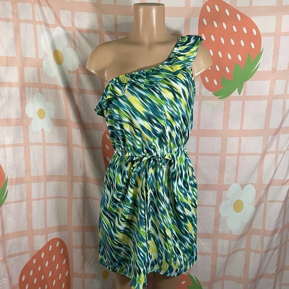BeBop Dresses & Skirts - y2k Bebop colorful abstract green and yellow asymmetrical mini dress size medium
